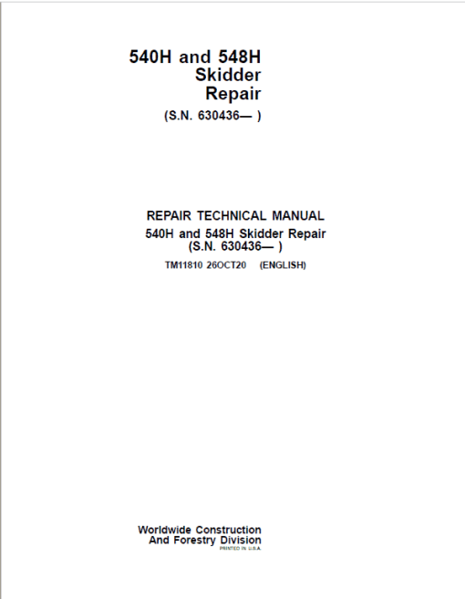 John Deere 540H, 548H Skidder Repair Technical Manual (S.N after 630436 - )