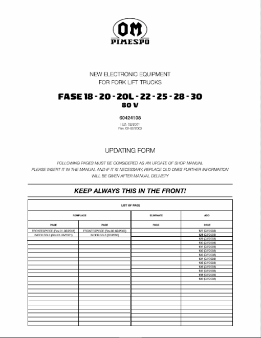 OM Pimespo Fase 18-20-20L-22-25-28-30 80v Forklift Workshop Repair Manual