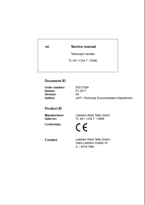 Liebherr TL441 Type 1234 Telescopic Handler Service Manual