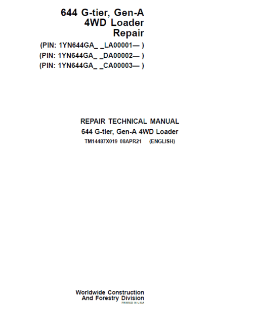 John Deere 624 G-Tier, Gen-A 4WD Loader Technical Manual (S.N LA00001,DA00001, CA00001 - )