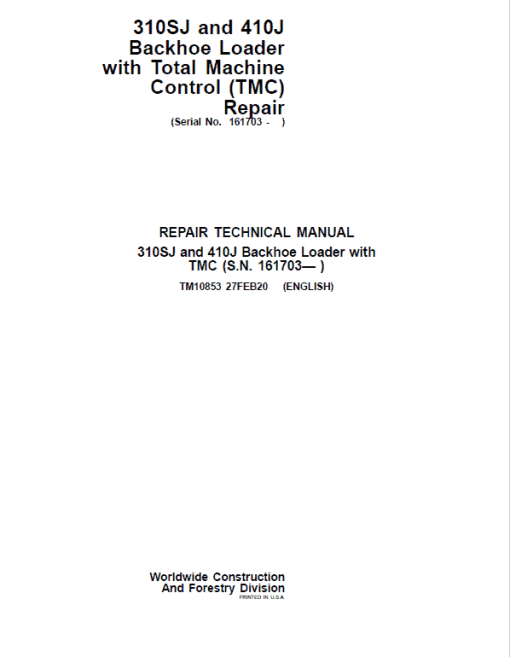 John Deere 310SJ, 410J Backhoe Loader (TMC) Technical Manual (S.N after 161703 )