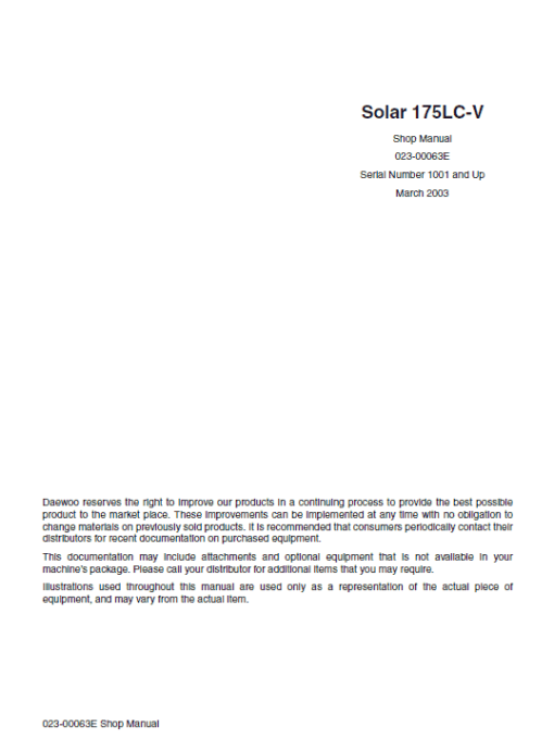 Daewoo Solar S175LC-V Excavator Service Manual