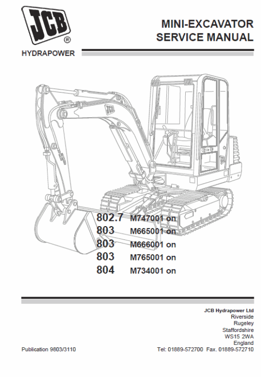 JCB 802.7, 803, 804  Mini Excavator Service Manual