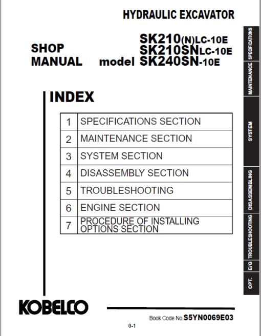 Kobelco SK210LC-10E, SK210SNLC-10E, SK240SN-10E Hydraulic Excavator Repair Service Manual