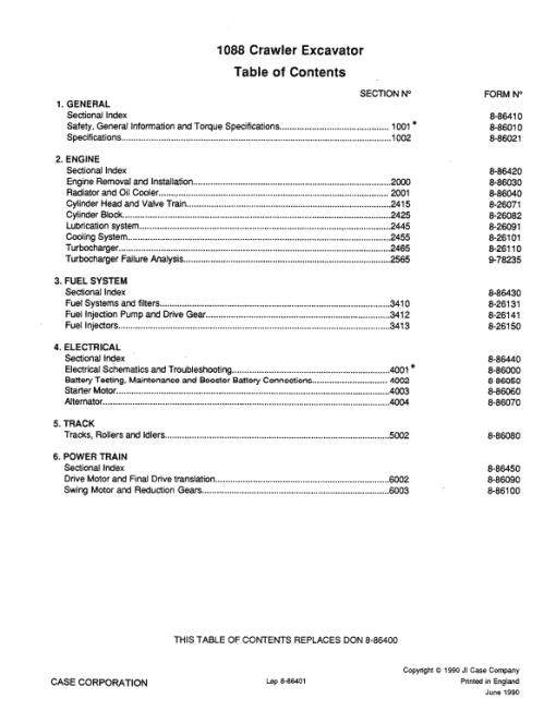 Case 1088 Excavator Service Manual