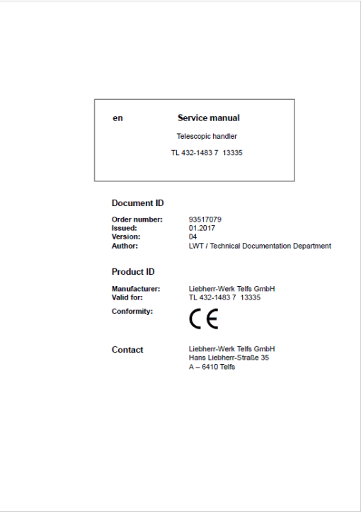 Liebherr TL432 Type 1483 Telescopic Handler Service Manual