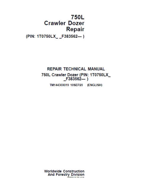 John Deere 750L Crawler Dozer Repair Technical Manual (S.N after F383562 - )