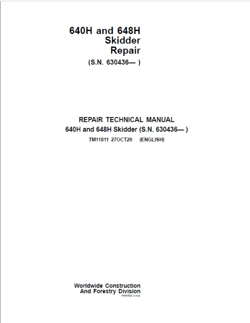 John Deere 640H, 648H Skidder Repair Technical Manual (S.N after 630436 - )