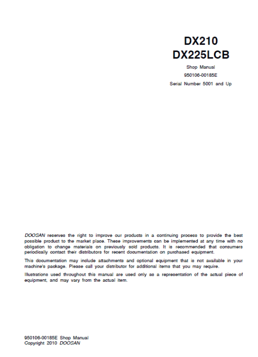 Doosan DX210 and DX225LCB Excavator Service Manual