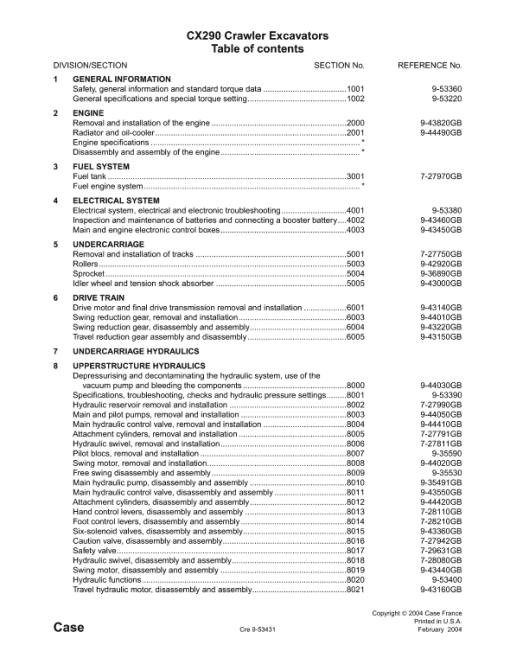 Case CX290 Excavator Service Manual