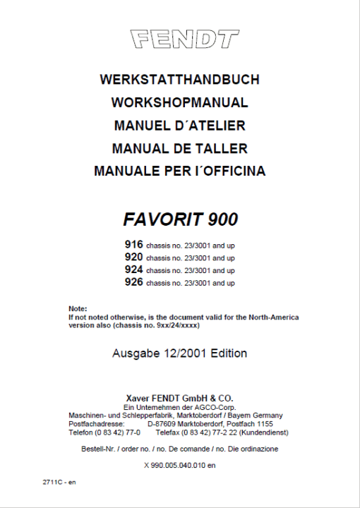 Fendt 916, 920, 924, 926 Favorit Vario COM II Tractors Workshop Repair Manual