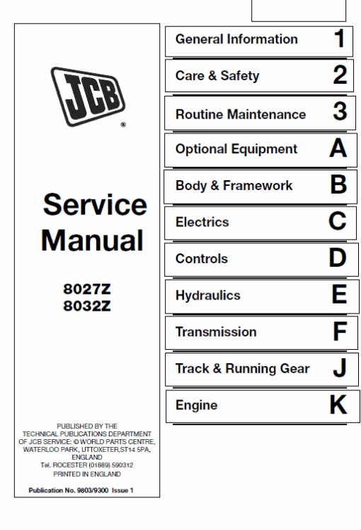 JCB 8027Z, 8032Z Mini Excavator Service Manual