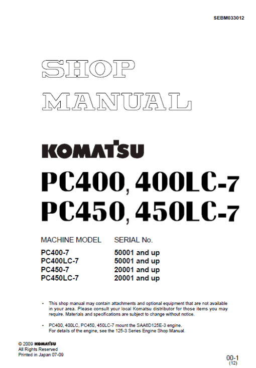 Komatsu PC400-7, PC400LC-7, PC450-7, PC450LC-7 Excavator Manual