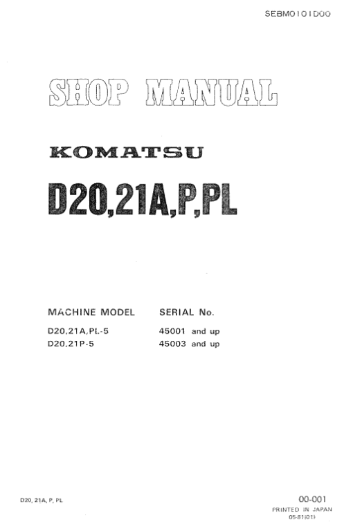 Komatsu D20-5, D21A-5,  D21P-5, D21PL-5 Dozer Service Manual