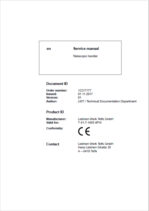 Liebherr T41-7 Telescopic Handler Service Manual