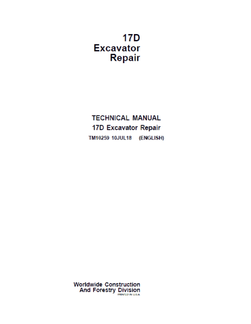 John Deere 17D Excavator Repair Technical Manual