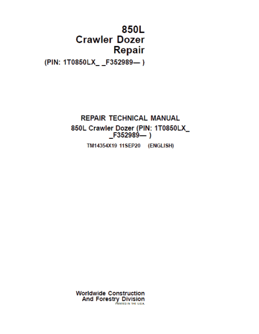 John Deere 850L Crawler Dozer Repair Technical Manual (S.N after F352989 - )