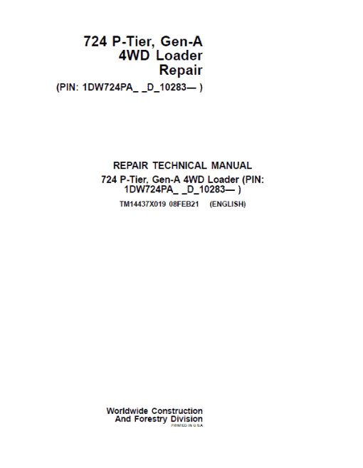 John Deere 724 P-Tier, Gen-A 4WD Loader Repair Technical Manual (S.N D_10283 - )