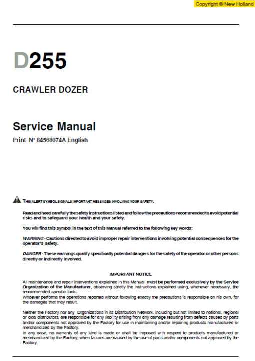 New Holland D255 Bulldozer Dozer Service Manual