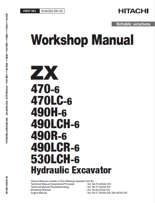 Hitachi ZX470-6, ZX490LCH-6 and ZX530LCH-6 Excavator Repair Manual