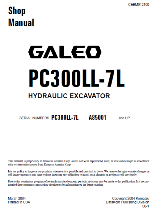 Komatsu Galeo PC300LL-7L Excavator Service Manual