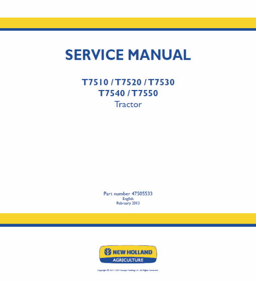 New Holland T7510, T7520, T7530, T7540, T7550 Tractor Service Manual