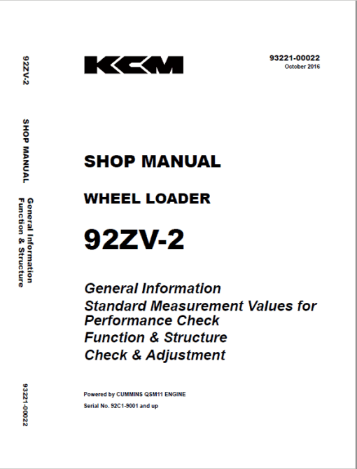 Kawasaki 92ZV-2 Wheel Loader Service Manual