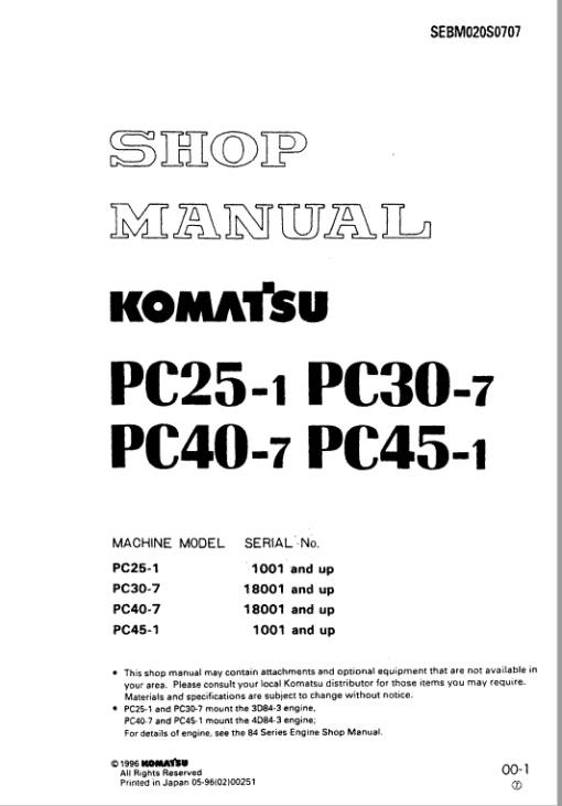 Komatsu PC25-1, PC30-7, PC40-7, PC45-1 Excavator Service Manual