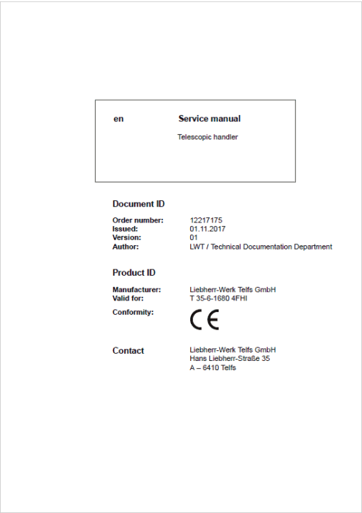 Liebherr T35-6 Telescopic Handler Service Manual