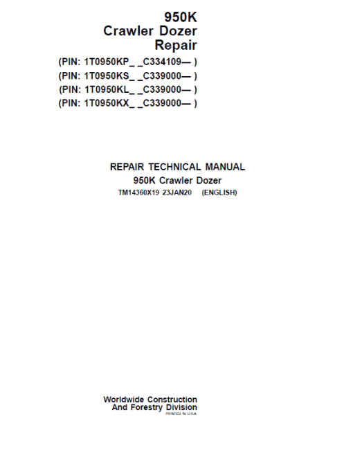 John Deere 950K Crawler Dozer Repair Technical Manual (S.N after C334109 - )