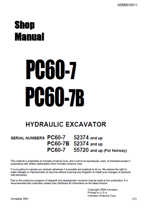 Komatsu PC60-7 and PC60-7B Excavator Service Manual