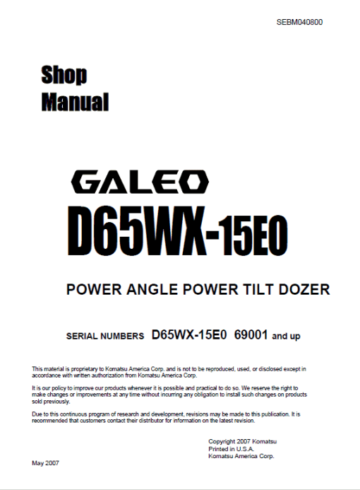 Komatsu D65WX-15E0 Dozer Service Manual