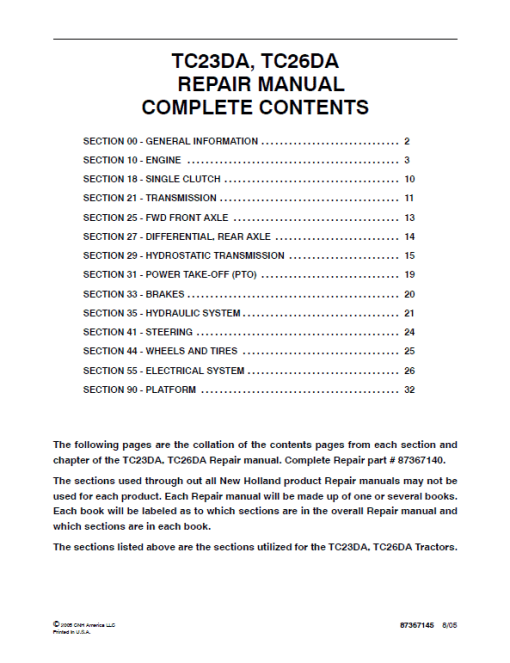 New Holland TC23DA, TC26DA Tractor Service Manual