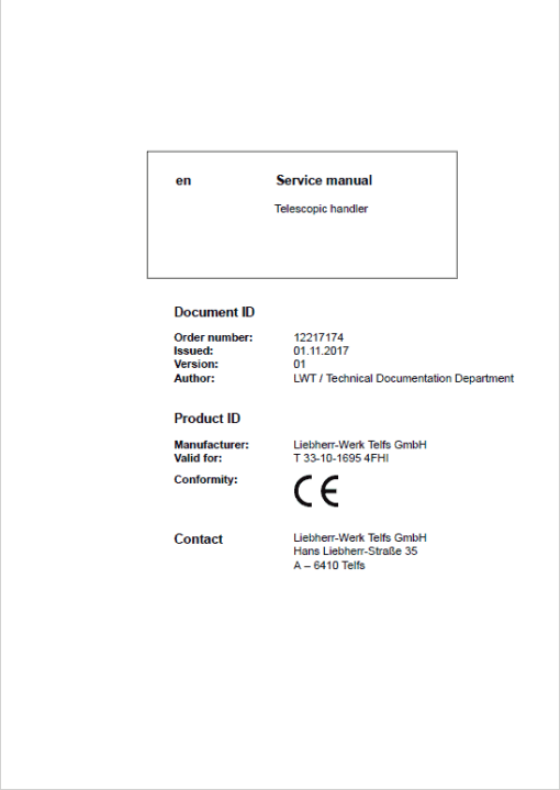 Liebherr T33-10 Telescopic Handler Service Manual