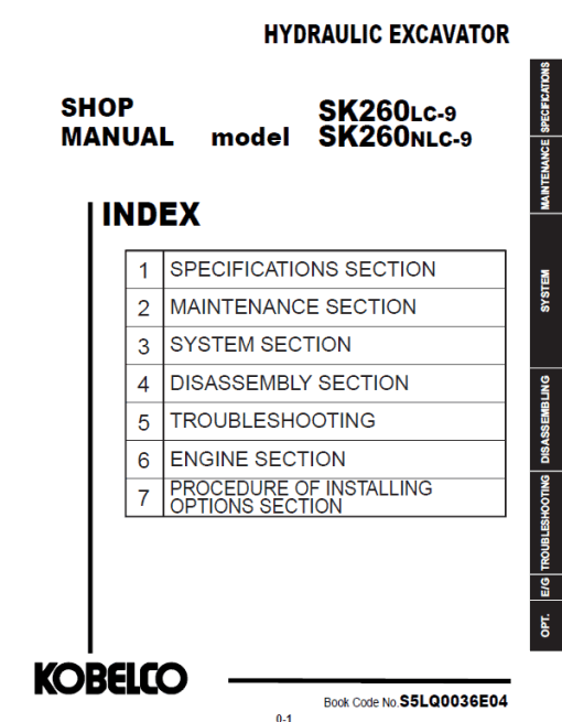 Kobelco SK260LC-9, SK260NLC-9 Hydraulic Excavator Repair Service Manual