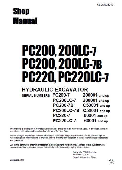 Komatsu PC200-7, PC200LC-7, PC220-7, PC220LC-7 Excavator Manual