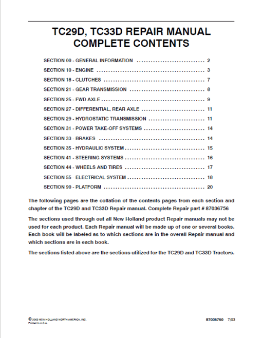 New Holland TC29D, TC33D Tractor Service Manual