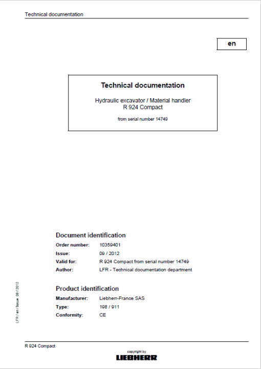 Liebherr R924 and R924 Tier 3 Compact Excavator Service Manual