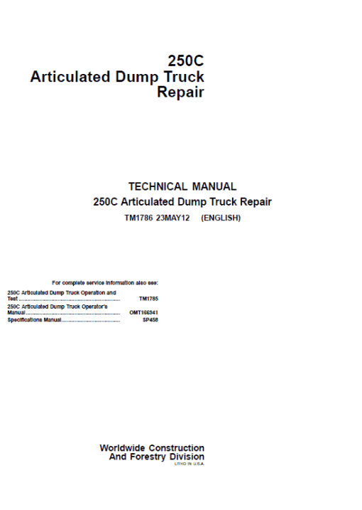 John Deere 250C Articulated Dump Truck Repair Technical Manual