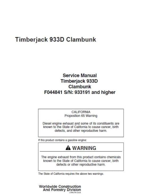 Timberjack 933D Clambunk Service Repair Manual (933191 and up)