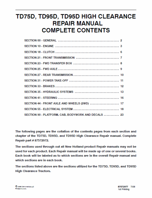 New Holland TD75D, TD95D, TD95D HC Tractor Service Manual