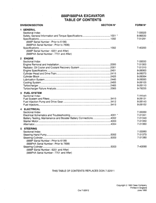 Case 888P, 888PA Excavator Service Manual