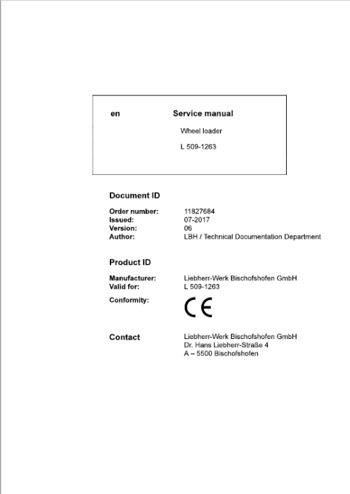 Liebherr L509 Type 1263 Wheel Loader Service Manual