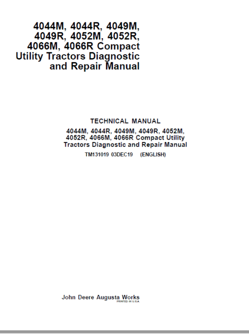 John Deere 4044M, 4044R, 4049M, 4049R Compact Utility Tractors Technical Manual