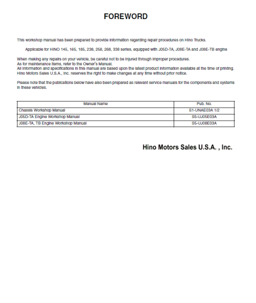 Hino 145, 165, 185, 238, 268, 308, 338 Series Year 2007 Repair Manual - Image 2