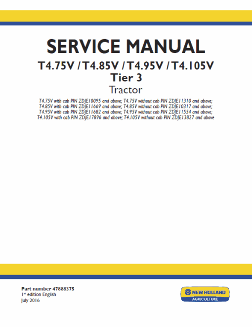 New Holland T4.75V, T4.85V, T4.95V, T4.105V Tier 3 Tractor Manual