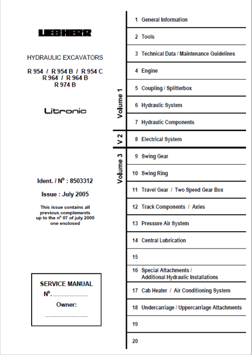 Liebherr R954, R954B, R954C, R964, R964B, R974B Litronic Excavator Service Manual