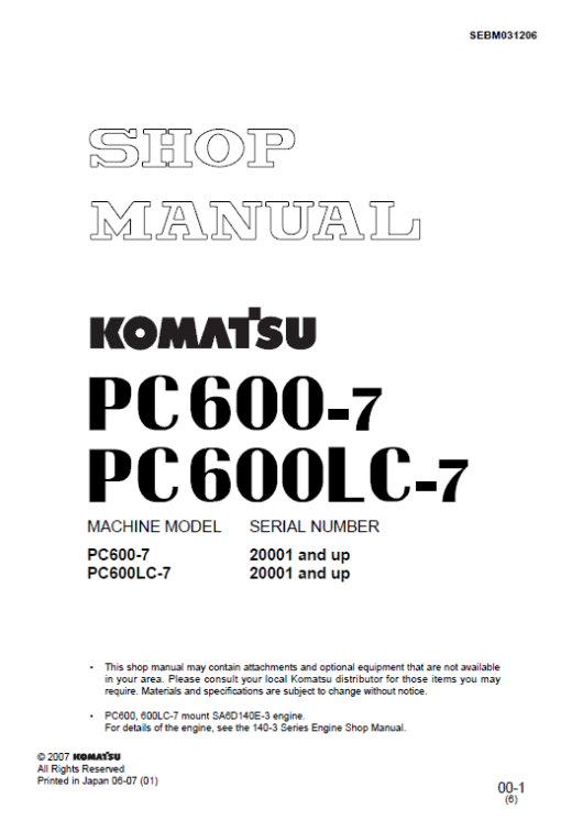 Komatsu PC600-7 and PC600LC-7 Excavator Service Manual