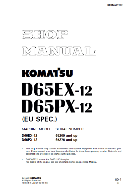 Komatsu D65EX-12, D65PX-12, D65E-12, D65P-12 Dozer Manual