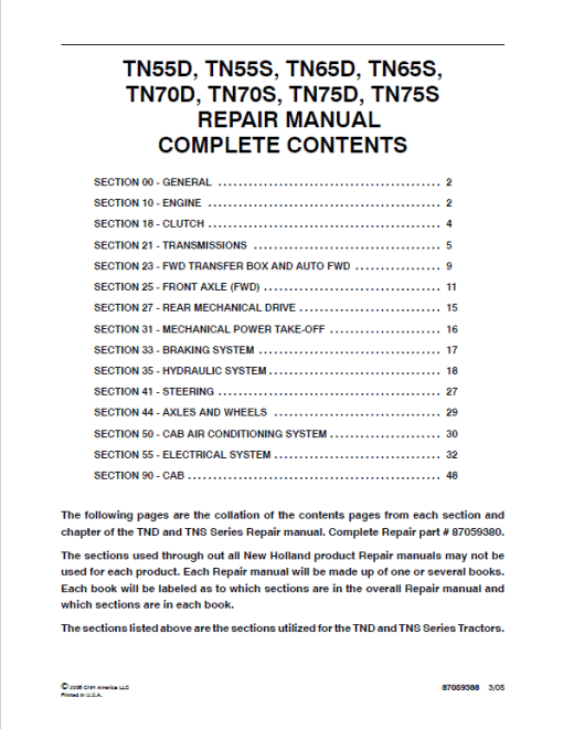 New Holland TN55D, TN65D, TN70D, TN75D Tractor Service Manual